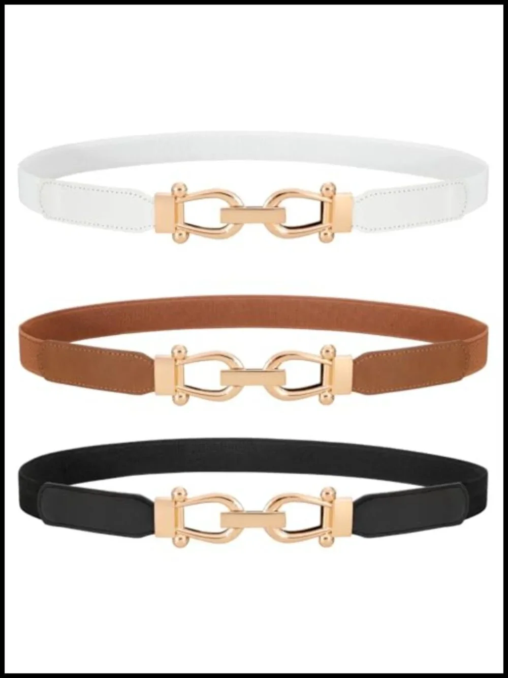 Women's Skinny Stretch Belt with Gold Alloy Buckle, Faux Leather, 3 Pack